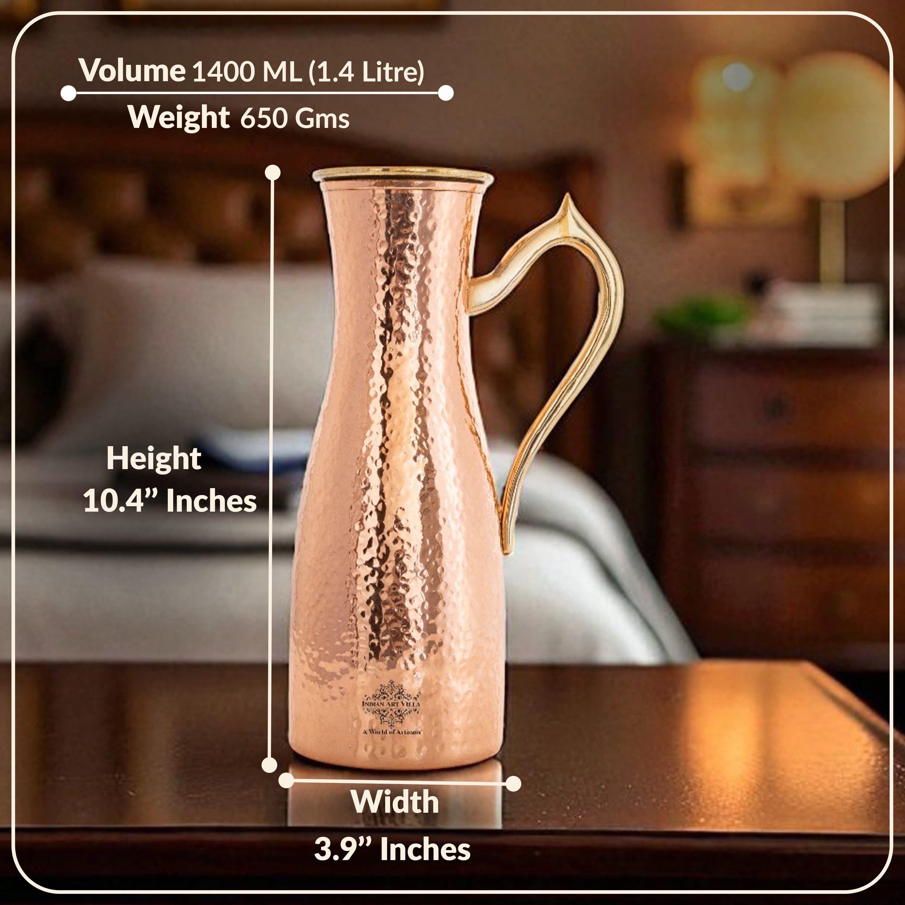 Copper jug with hammered curve design, brass handle & lid –, 1400 ML